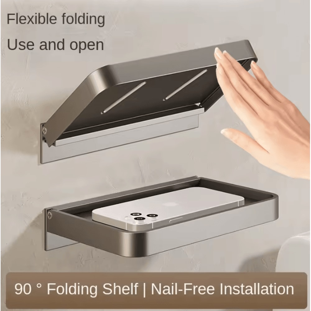 FlexFold Wall Mounted Bathroom Shelf NoDrill Foldable Storage Rack 0