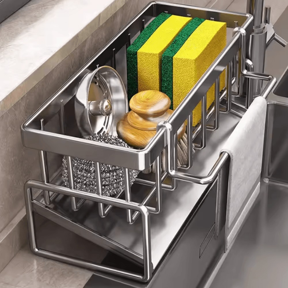 Automatic Drain Kitchen Sink Organizer Rack With Towel Holder 0