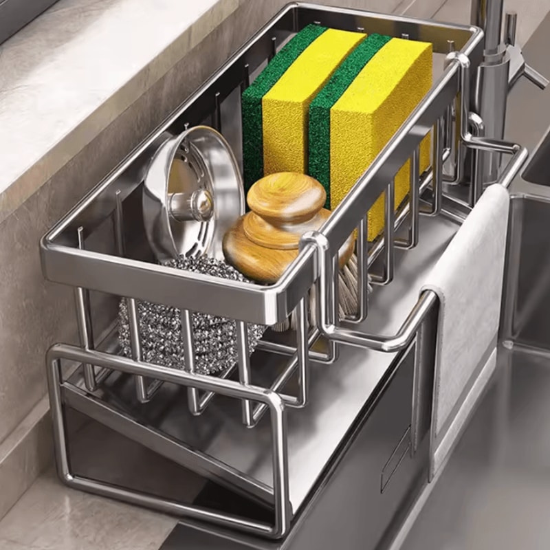 Automatic Drain Kitchen Sink Organizer Rack With Towel Holder 0