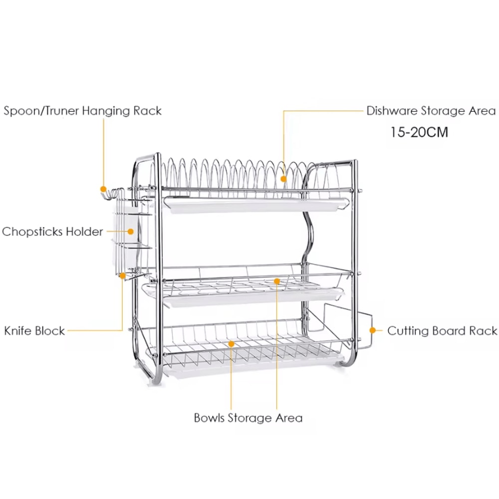 3Tier Kitchen Dish Drying Rack With Utensil Cutting Board Holder 3