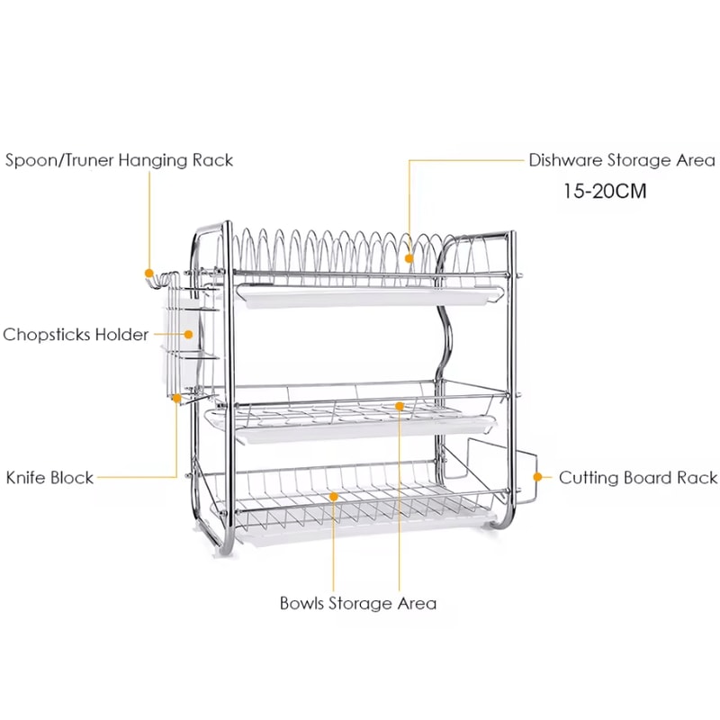 3Tier Kitchen Dish Drying Rack With Utensil Cutting Board Holder 3