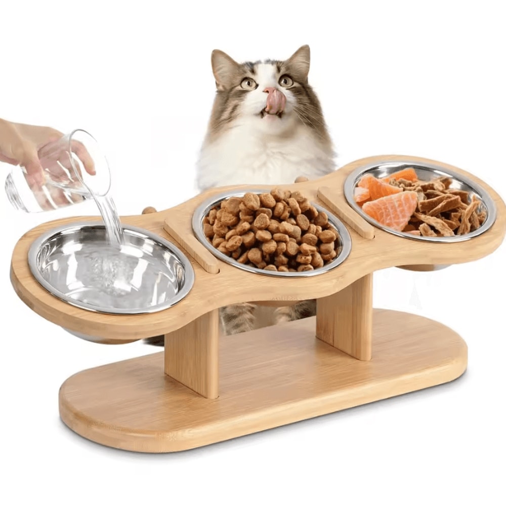 WoodlandPaws Elevated Triple Stainless Steel Cat Bowl Set 0