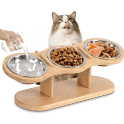 woodlandpaws elevated triple stainless steel cat bowl set