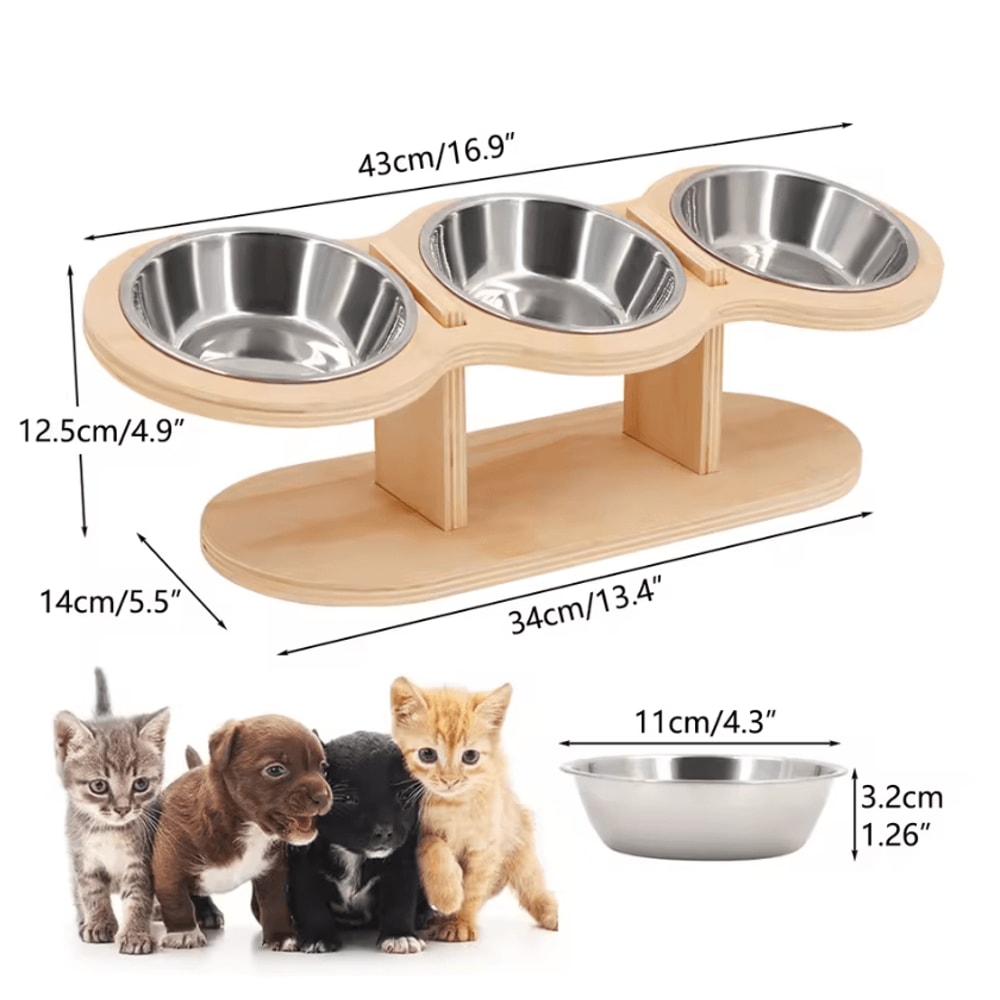 WoodlandPaws Elevated Triple Stainless Steel Cat Bowl Set 1