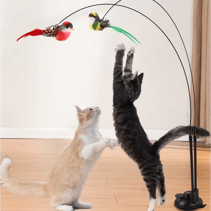 FeatherChase Double Bird Teaser Wand Set With Suction Cup Base 0