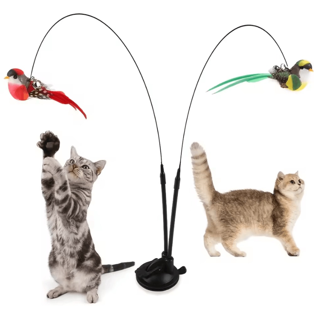 FeatherChase Double Bird Teaser Wand Set With Suction Cup Base 3