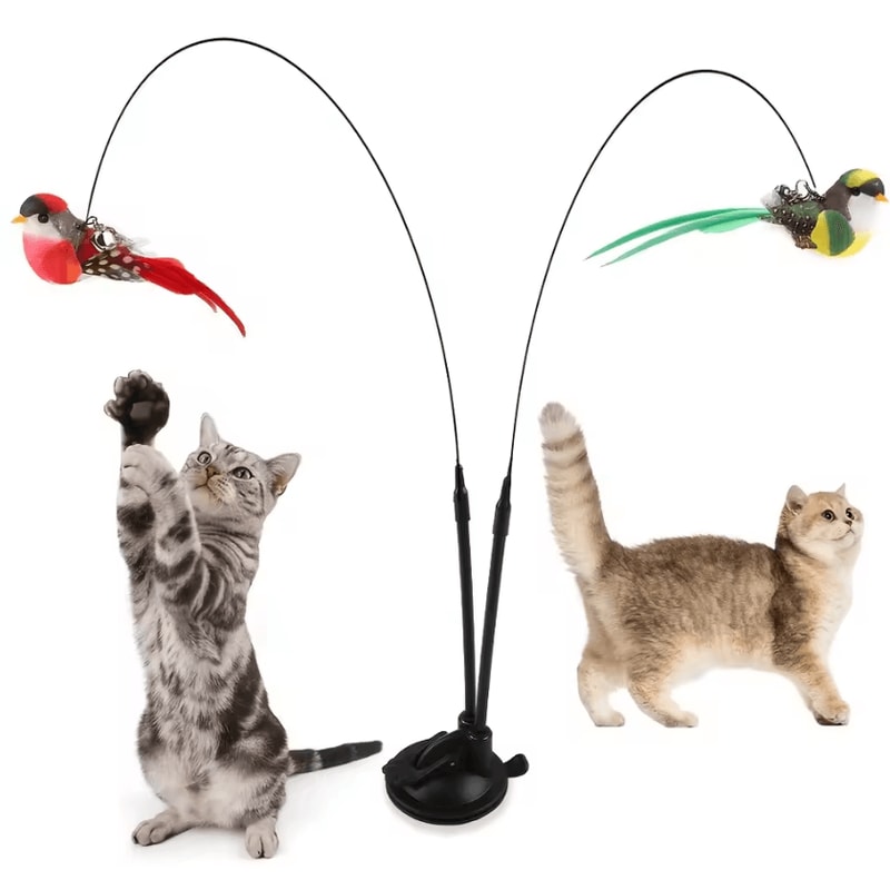 FeatherChase Double Bird Teaser Wand Set With Suction Cup Base 3