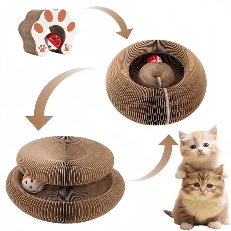 CozyPaws Foldable Cat Scratcher Tunnel Toy With Catnip Bell 0
