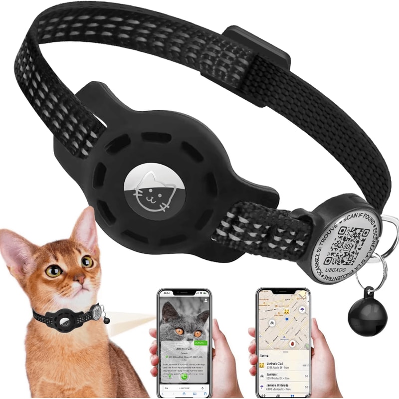 SafeTrack Reflective Cat GPS Collar With AirTag Holder QR ID Tag 0