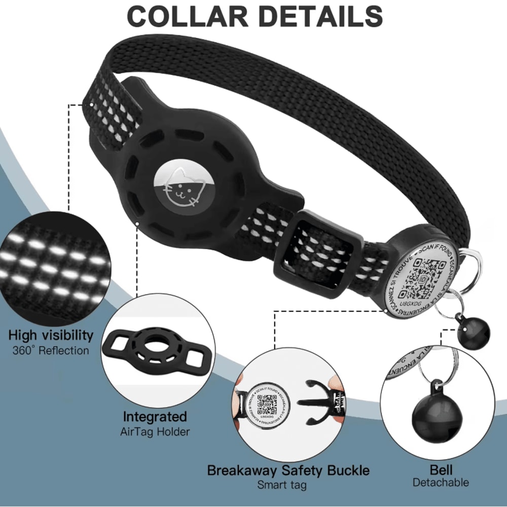SafeTrack Reflective Cat GPS Collar With AirTag Holder QR ID Tag 2
