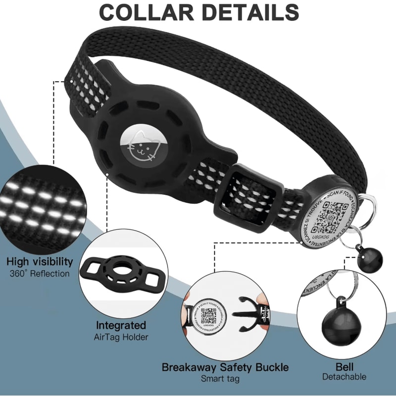 SafeTrack Reflective Cat GPS Collar With AirTag Holder QR ID Tag 2