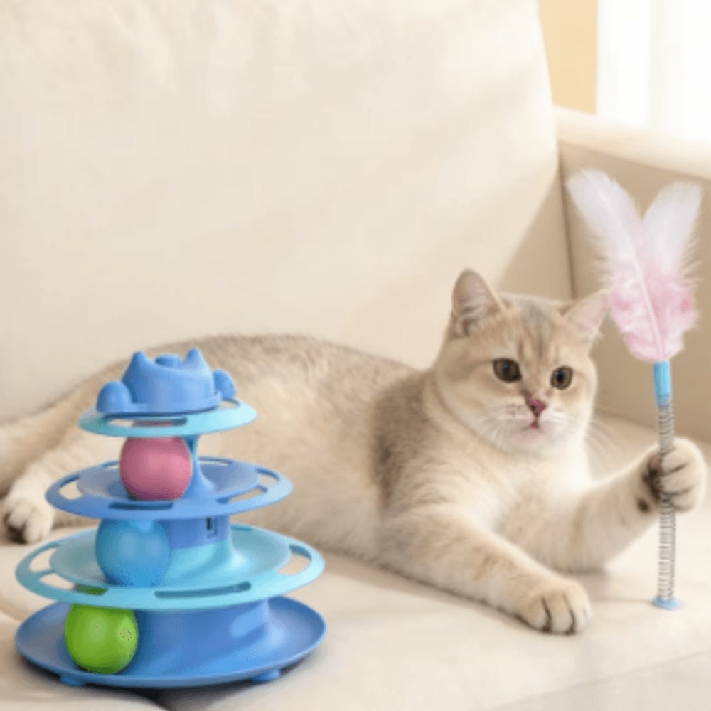 SpinFeather 4Layer Interactive Cat Turntable Toy With Feather Wand Rolling Balls 0