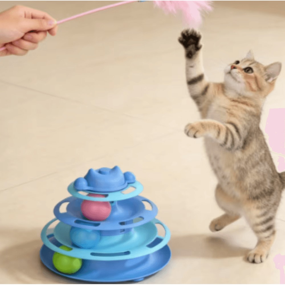 SpinFeather 4Layer Interactive Cat Turntable Toy With Feather Wand Rolling Balls 1