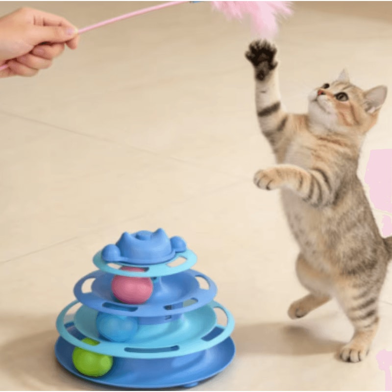 SpinFeather 4Layer Interactive Cat Turntable Toy With Feather Wand Rolling Balls 1