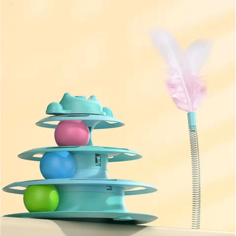 SpinFeather 4Layer Interactive Cat Turntable Toy With Feather Wand Rolling Balls 3