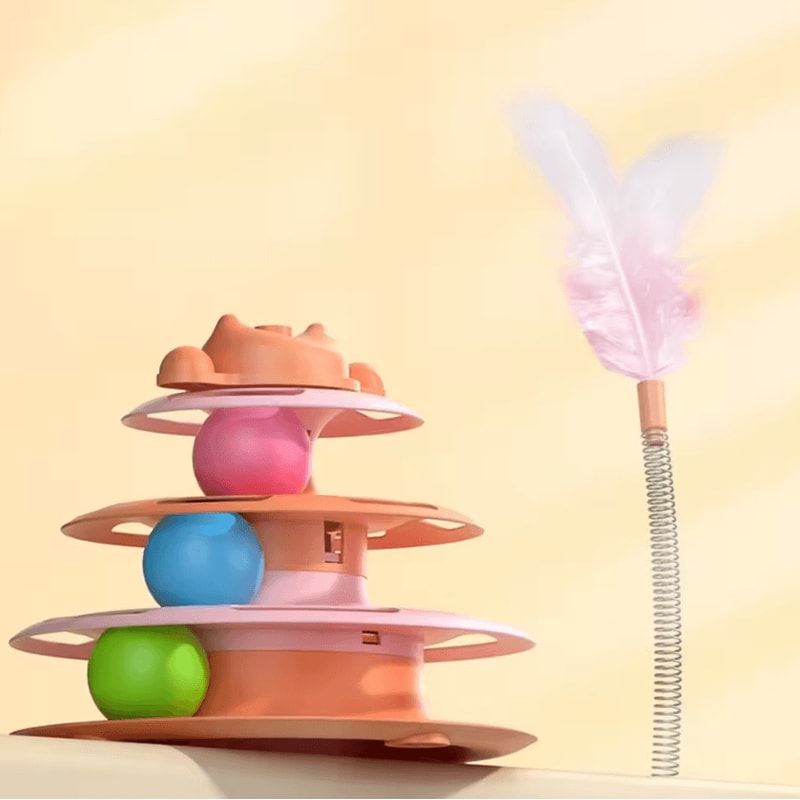 SpinFeather 4Layer Interactive Cat Turntable Toy With Feather Wand Rolling Balls 4