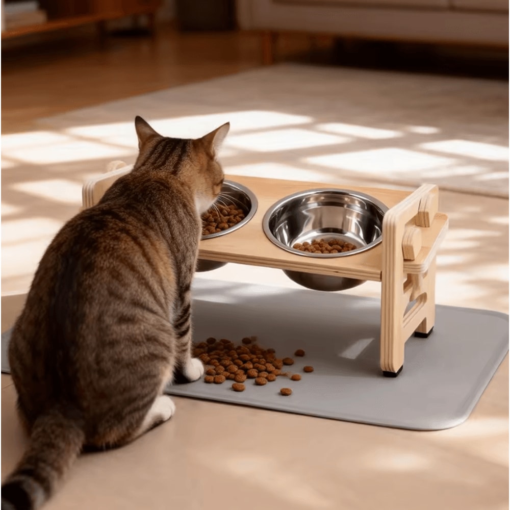 Adjustable Elevated Cat Bowl Stand With Silicone Feeding Mat For Cats Small Pets 0