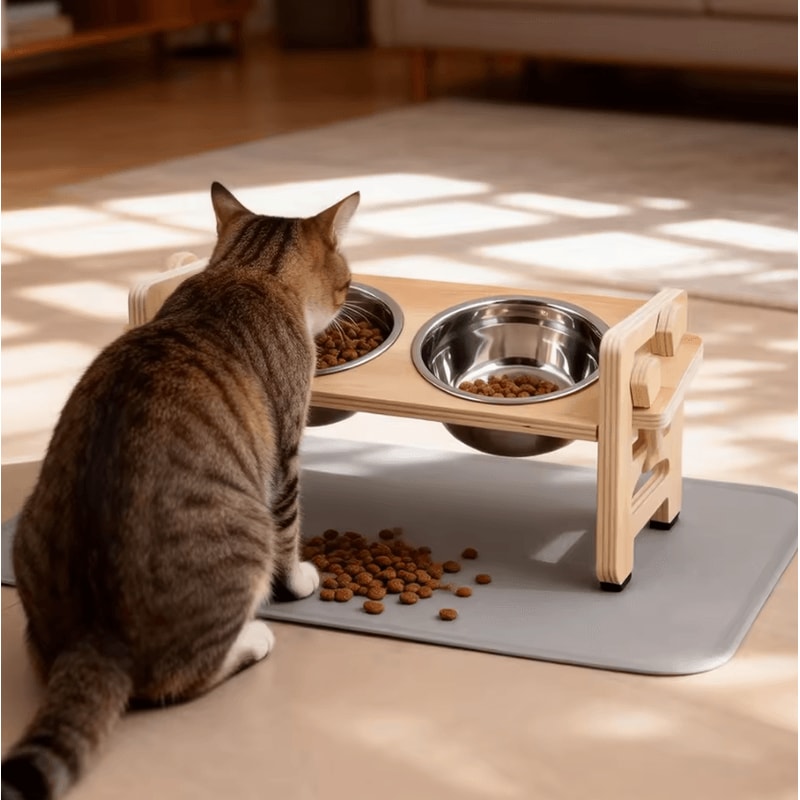 Adjustable Elevated Cat Bowl Stand With Silicone Feeding Mat For Cats Small Pets 0