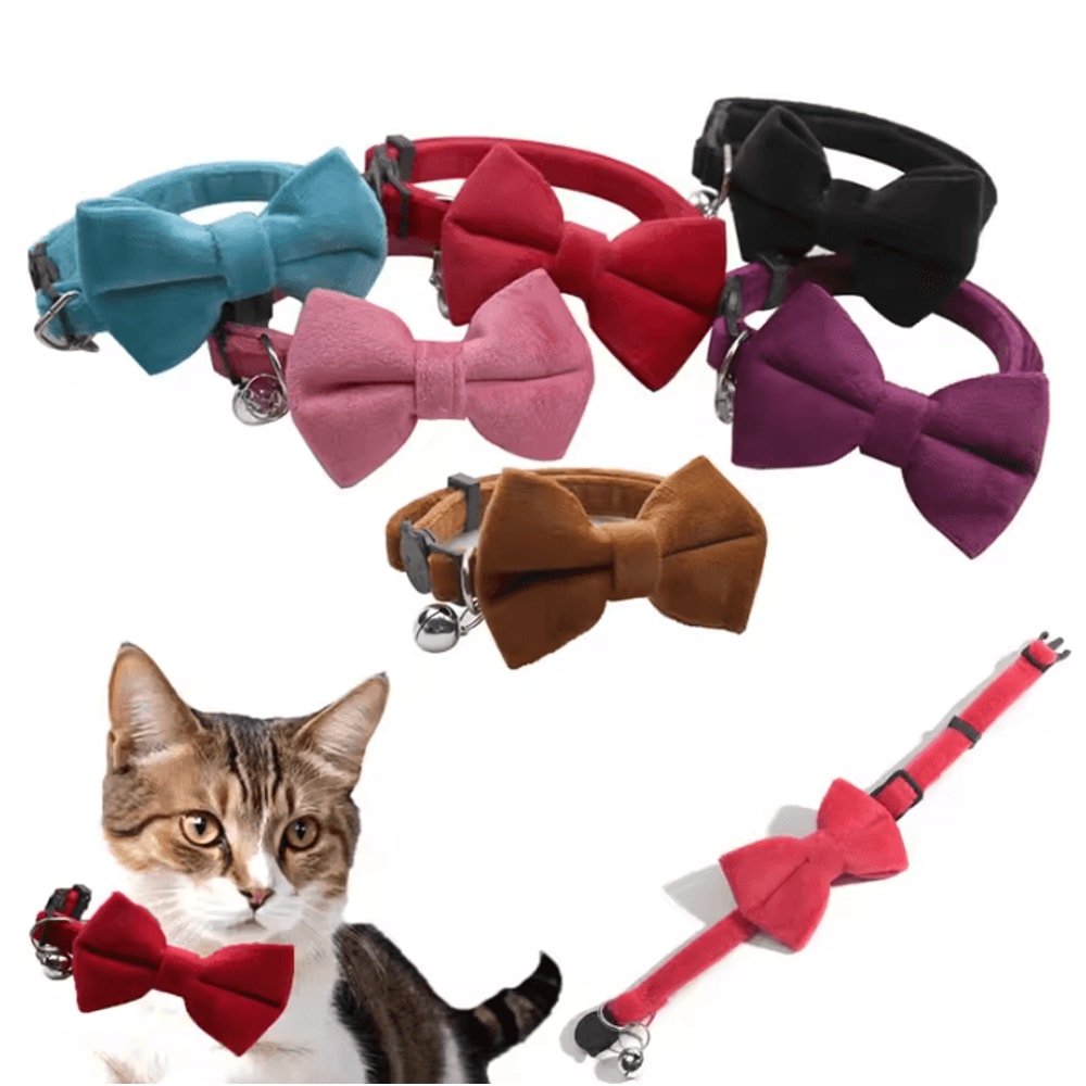 Velvet Cat Collar With Bow Tie Bell For Cats And Small Dogs 0