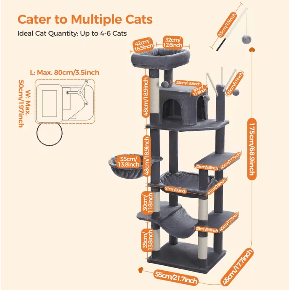 Large HeavyDuty Cat Tree Tower With Oversized Hammock Scratching Posts 0