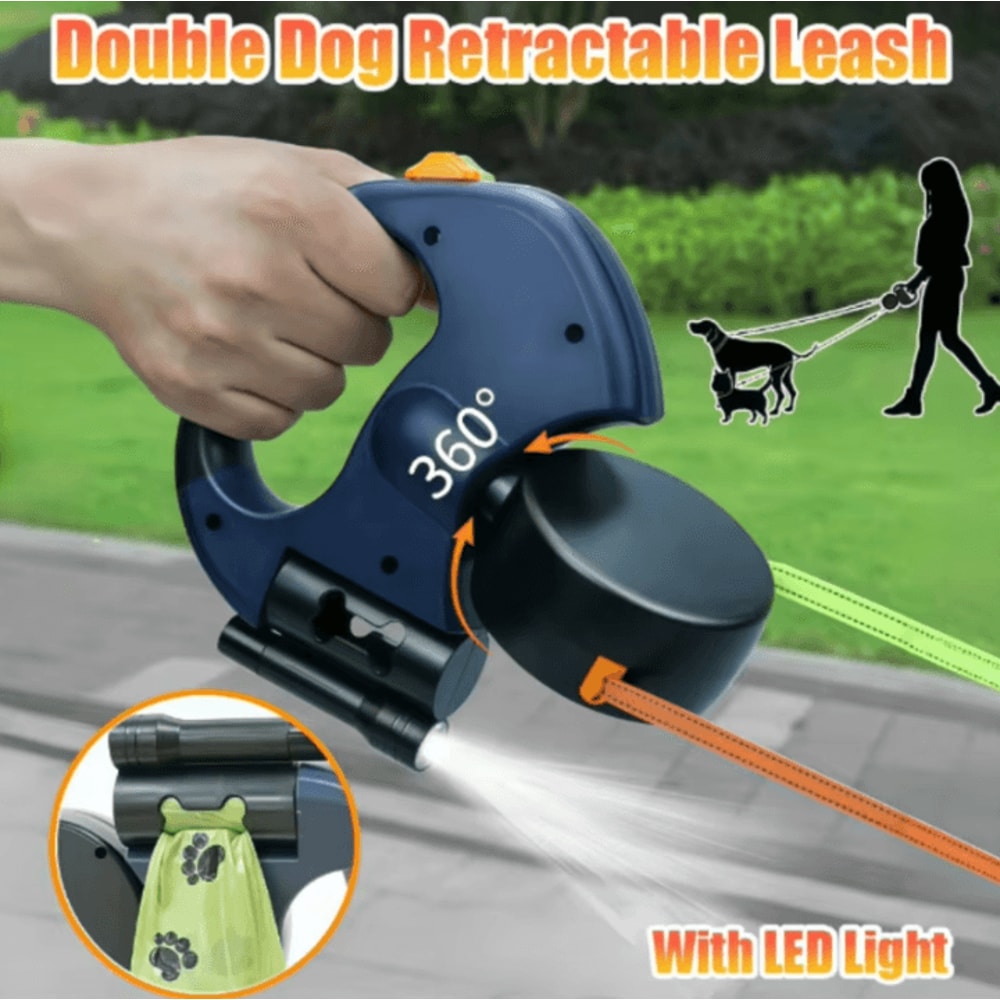 DualGlow 360 Retractable Double Dog Leash With LED Light 0