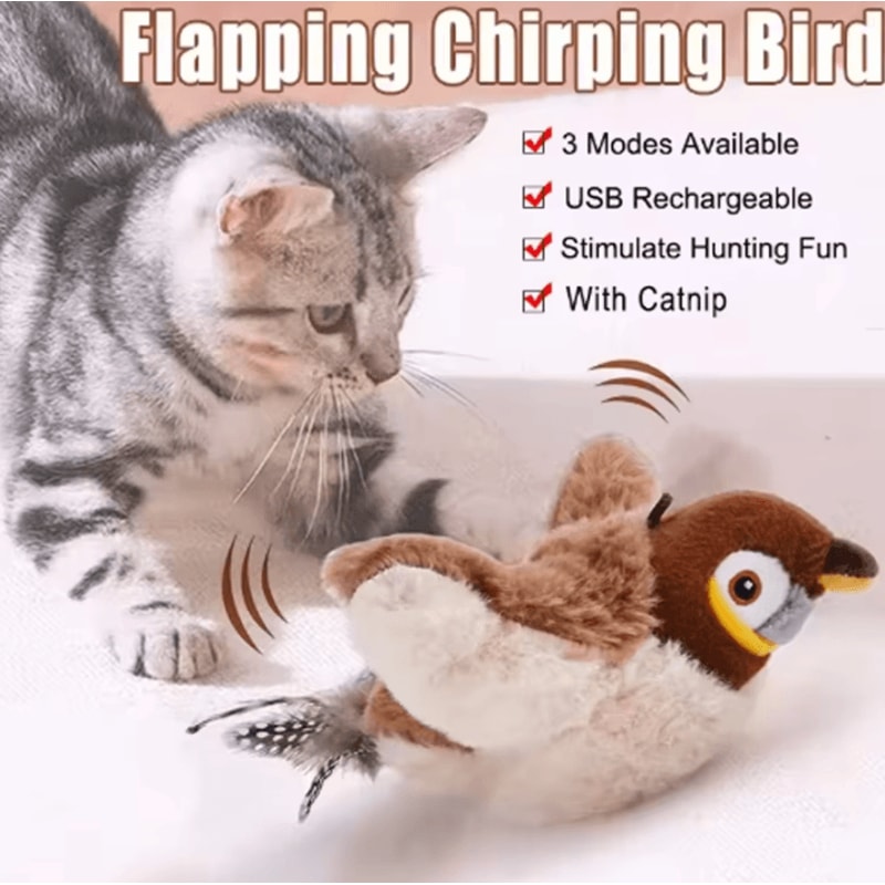 FlappySparrow Interactive Cat Toy Chirping Plush Bird With Flapping Wings 0