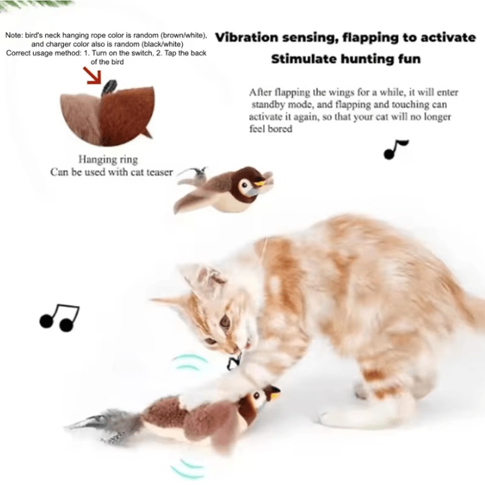 FlappySparrow Interactive Cat Toy Chirping Plush Bird With Flapping Wings 3