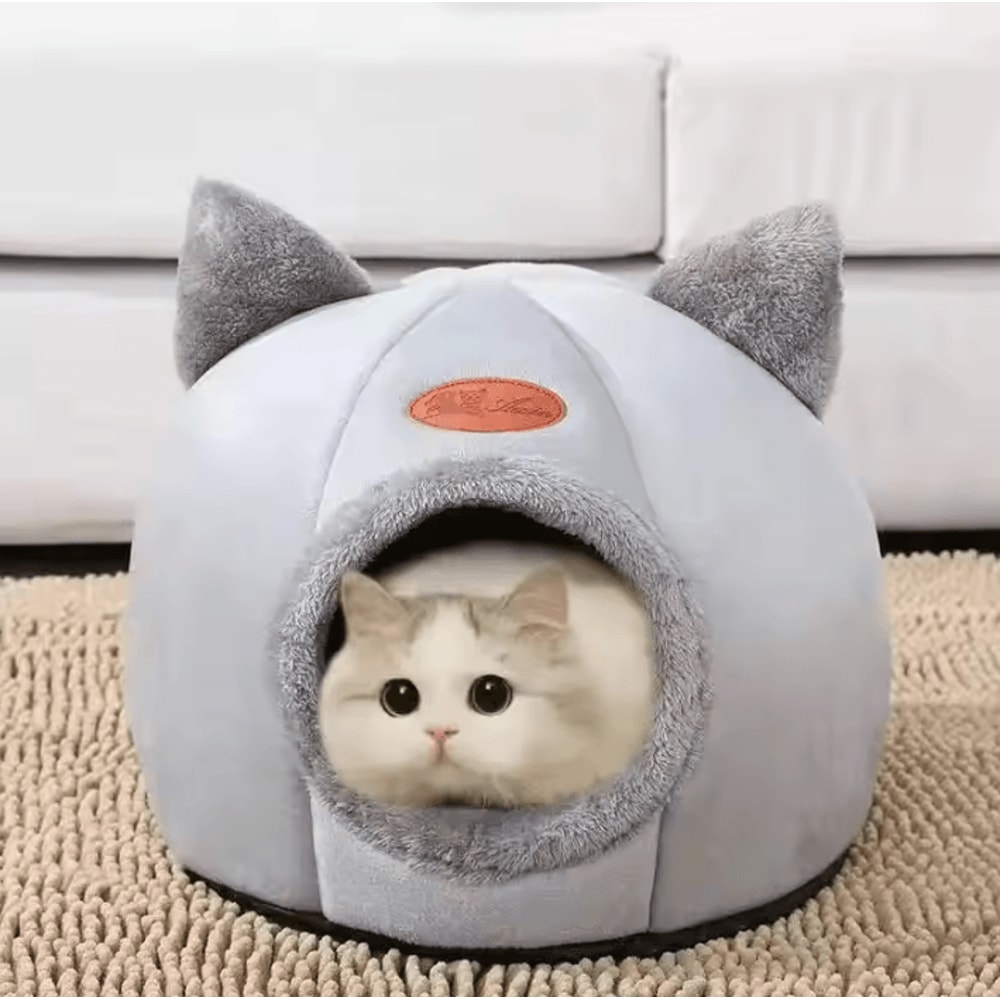 Cute Cat Head Shape SemiEnclosed Warm Cat Bed House 0
