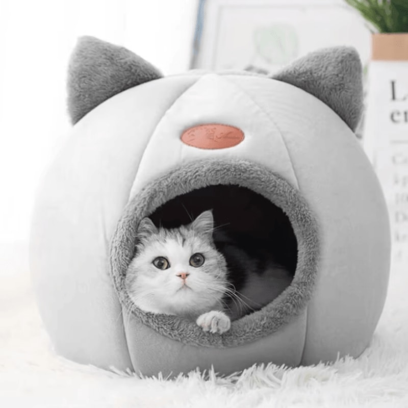 Cute Cat Head Shape SemiEnclosed Warm Cat Bed House 1