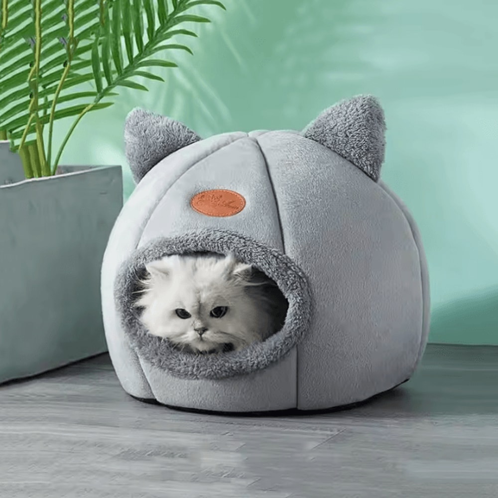 Cute Cat Head Shape SemiEnclosed Warm Cat Bed House 4