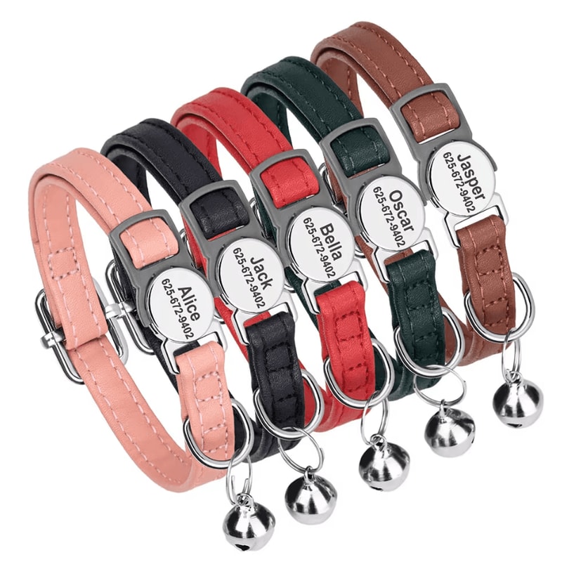 Personalized PU Leather Cat Collar With Engraved Nameplate Bell 0