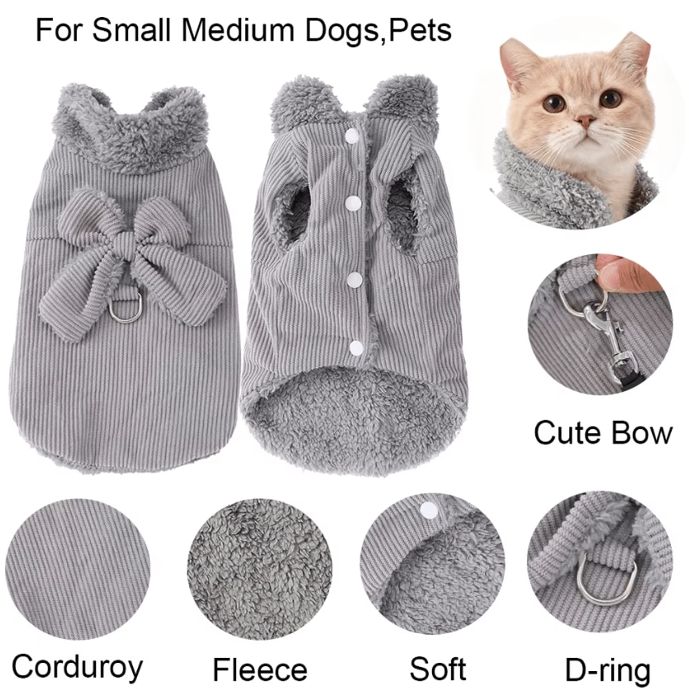 CozyLuna Corduroy Fleece Pet Vest With Bow DRing 1
