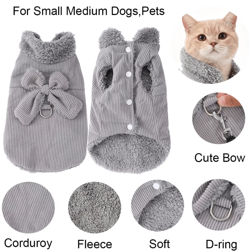 CozyLuna Corduroy Fleece Pet Vest With Bow DRing 1