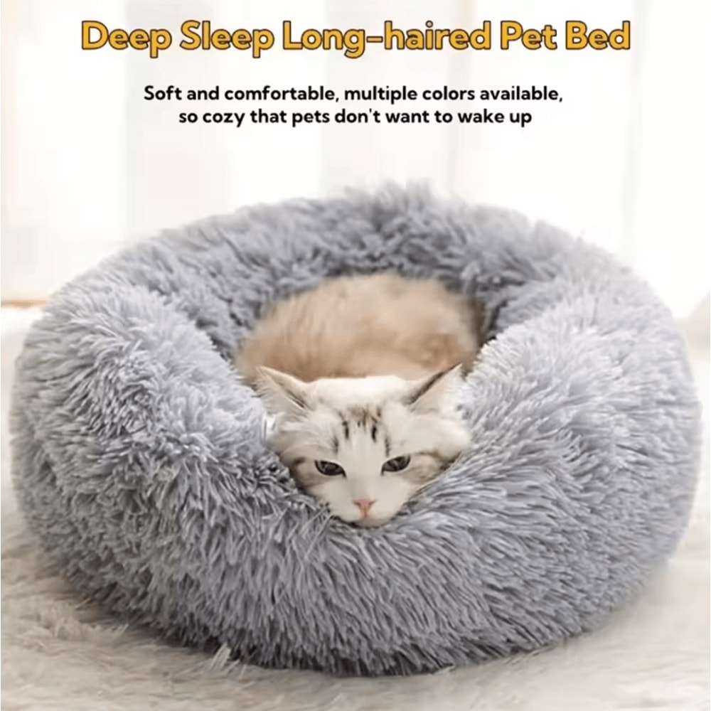 Calming Plush Faux Fur Donut Pet Bed For Cats Small Dogs 0