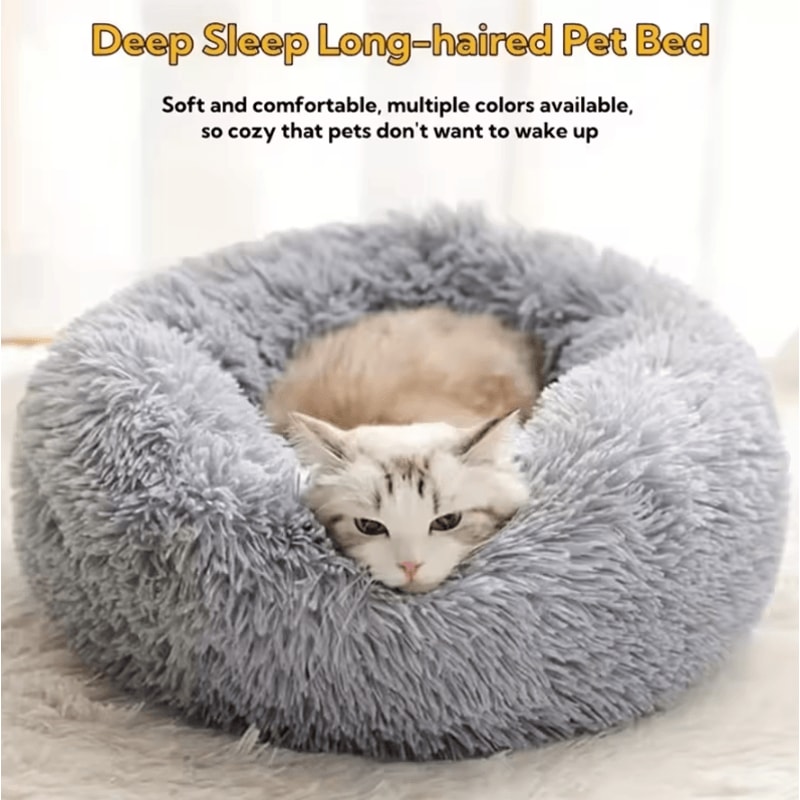 Calming Plush Faux Fur Donut Pet Bed For Cats Small Dogs 0