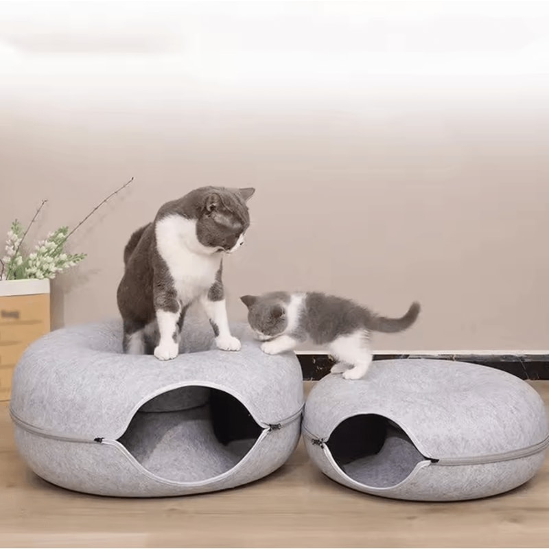 Cozy Tunnel Donut Cat Bed Interactive Felt Play House 0