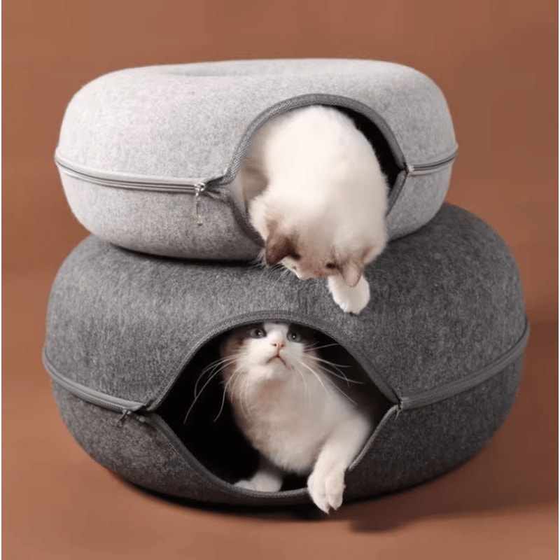 Cozy Tunnel Donut Cat Bed Interactive Felt Play House 1
