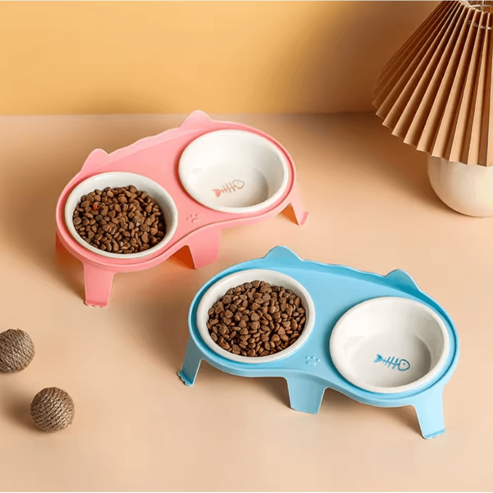Elevated Ceramic Double Cat Bowl Set For Cats Small Pets 0