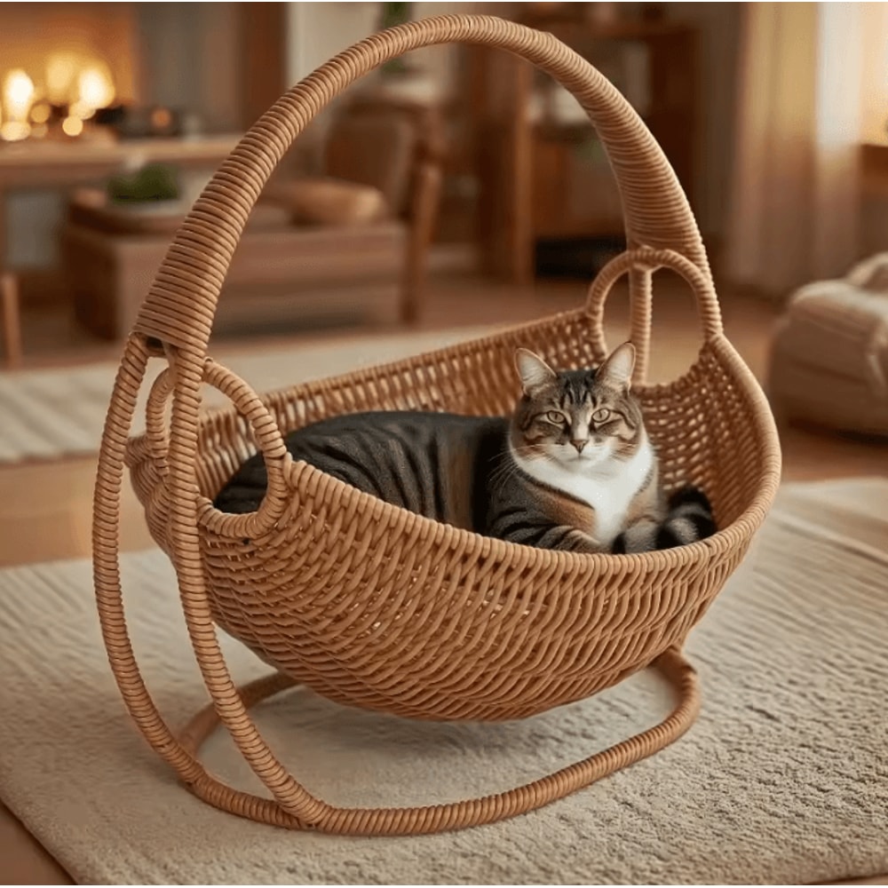Cozy Rattan Cat Hammock Bed With Hanging Bracket For Indoor Pets 0