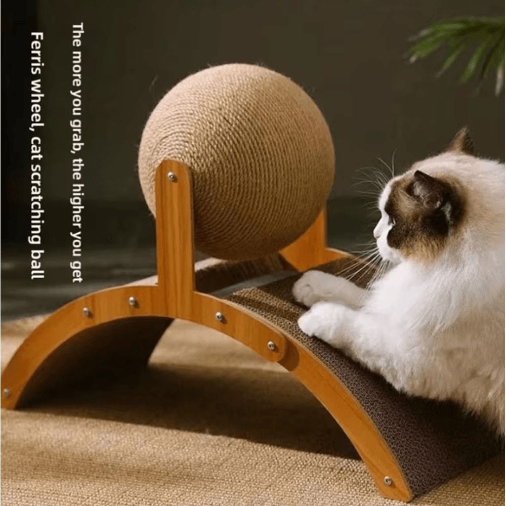 PawSpin 2in1 Wooden Cat Scratching Ball Sisal Scratch Board 0