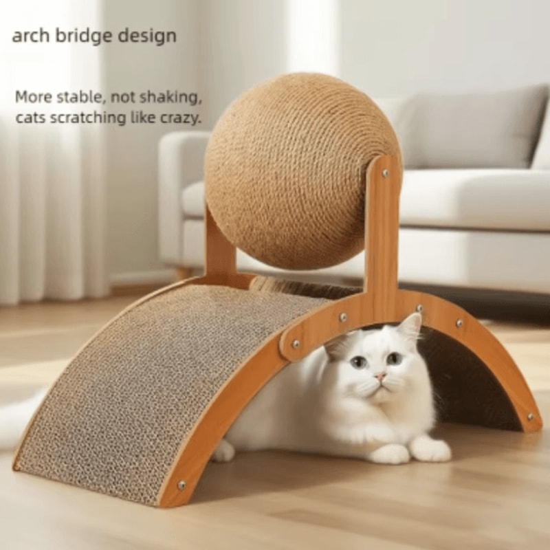PawSpin 2in1 Wooden Cat Scratching Ball Sisal Scratch Board 1