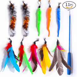 fluttercatch retractable cat wand toy with feather & caterpillar refill set