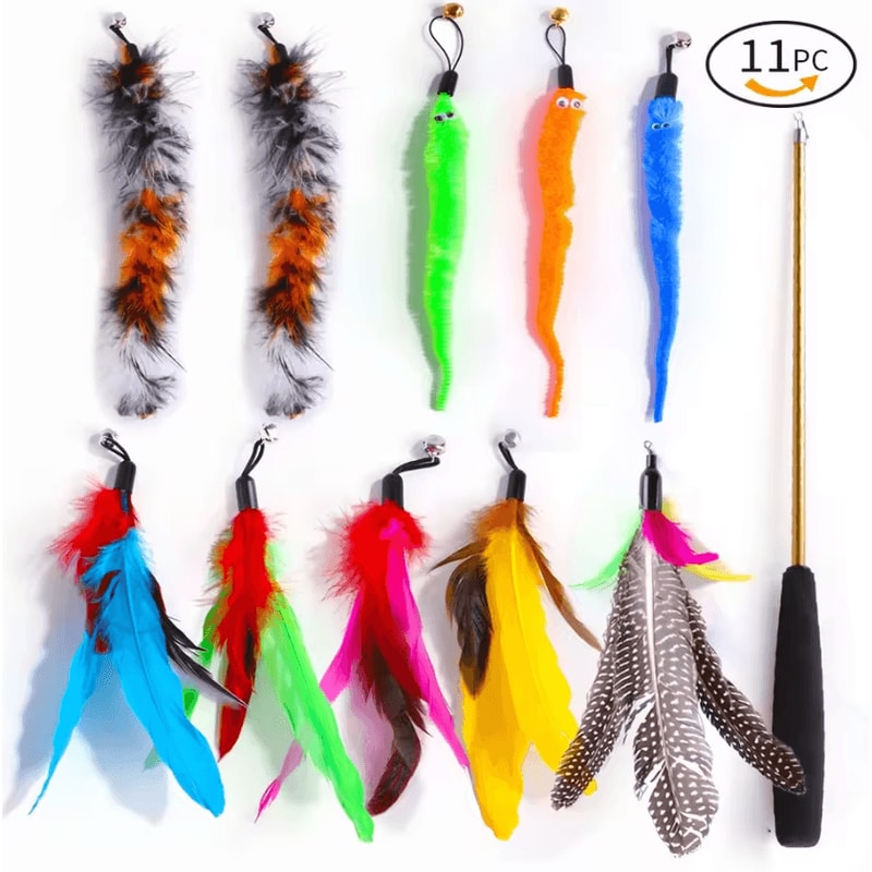 FlutterCatch Retractable Cat Wand Toy With Feather Caterpillar Refill Set 3