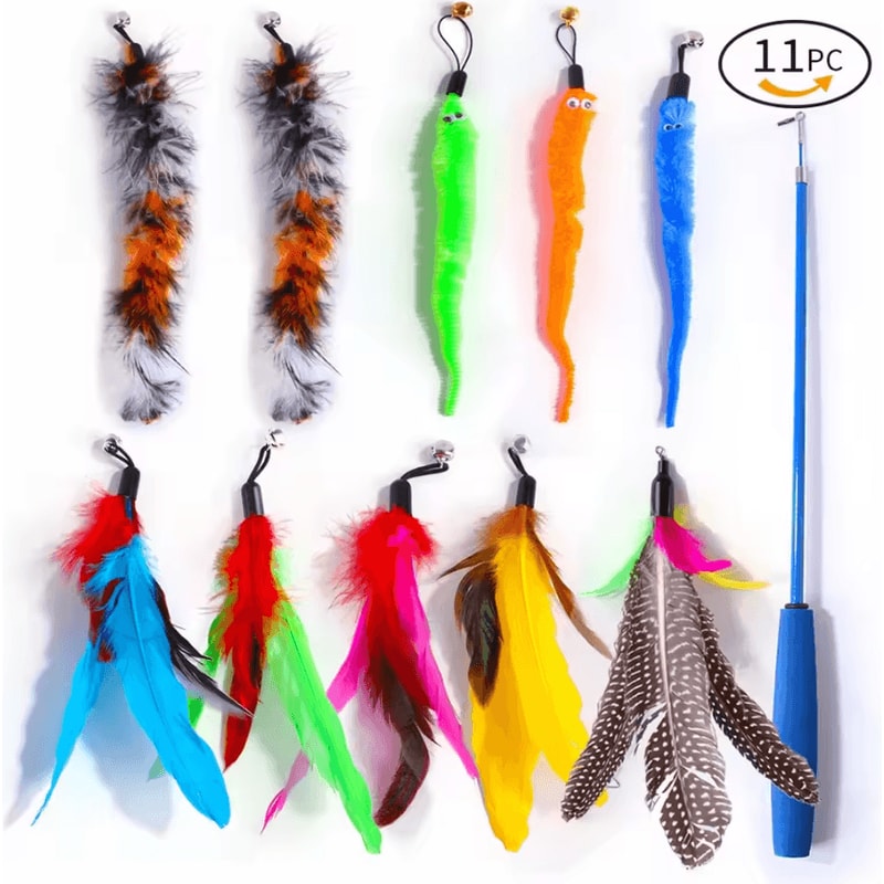 FlutterCatch Retractable Cat Wand Toy With Feather Caterpillar Refill Set 4