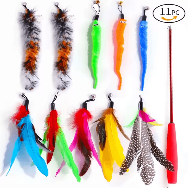 FlutterCatch Retractable Cat Wand Toy With Feather Caterpillar Refill Set 5