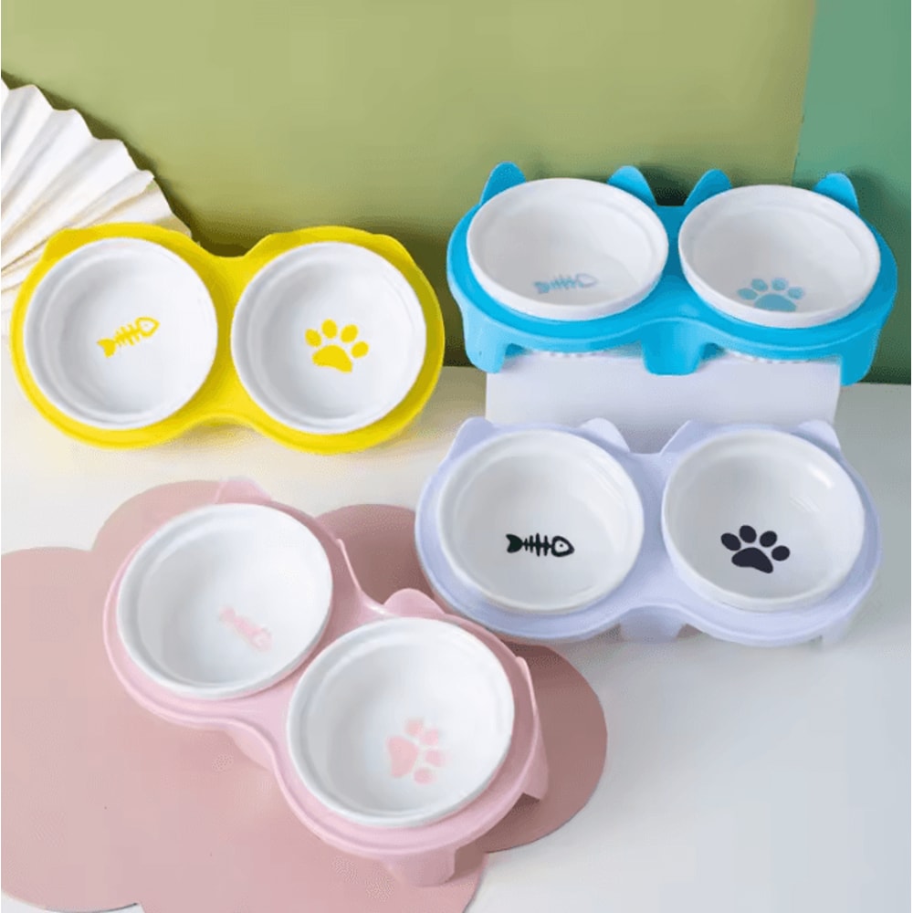 TiltEase Ceramic Pet Feeding Bowl Set Elevated Double Bowl For Cats Small Pets 2