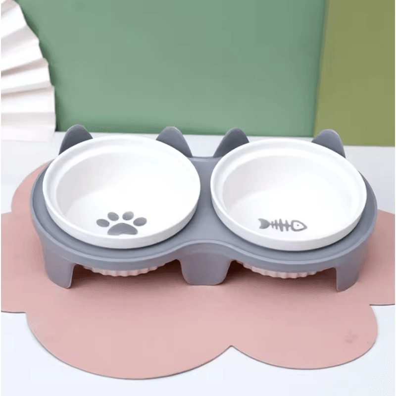 TiltEase Ceramic Pet Feeding Bowl Set Elevated Double Bowl For Cats Small Pets 5