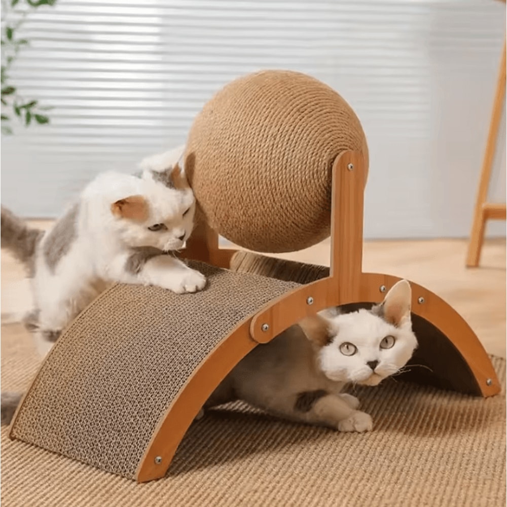 SisalSpin 2in1 Cat Scratching Ball Wooden Scratch Post Interactive Claw Care Toy 0