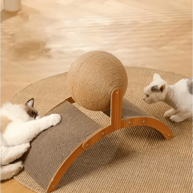 SisalSpin 2in1 Cat Scratching Ball Wooden Scratch Post Interactive Claw Care Toy 2