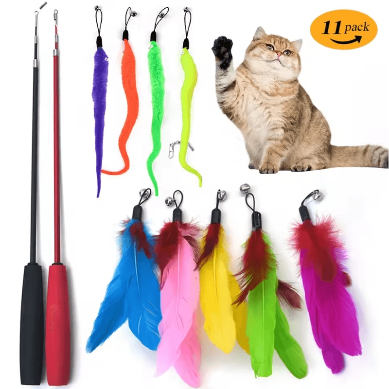 Interactive Feather Teaser Wand For Cats With Retractable Fishing Rod 0